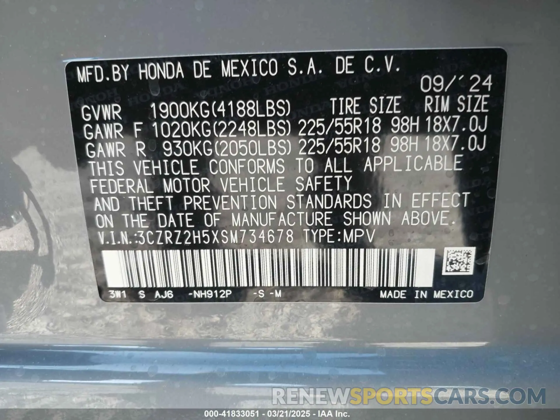 9 fotografías del automóvil dañado 3CZRZ2H5XSM734678 HONDA HR-V 2025