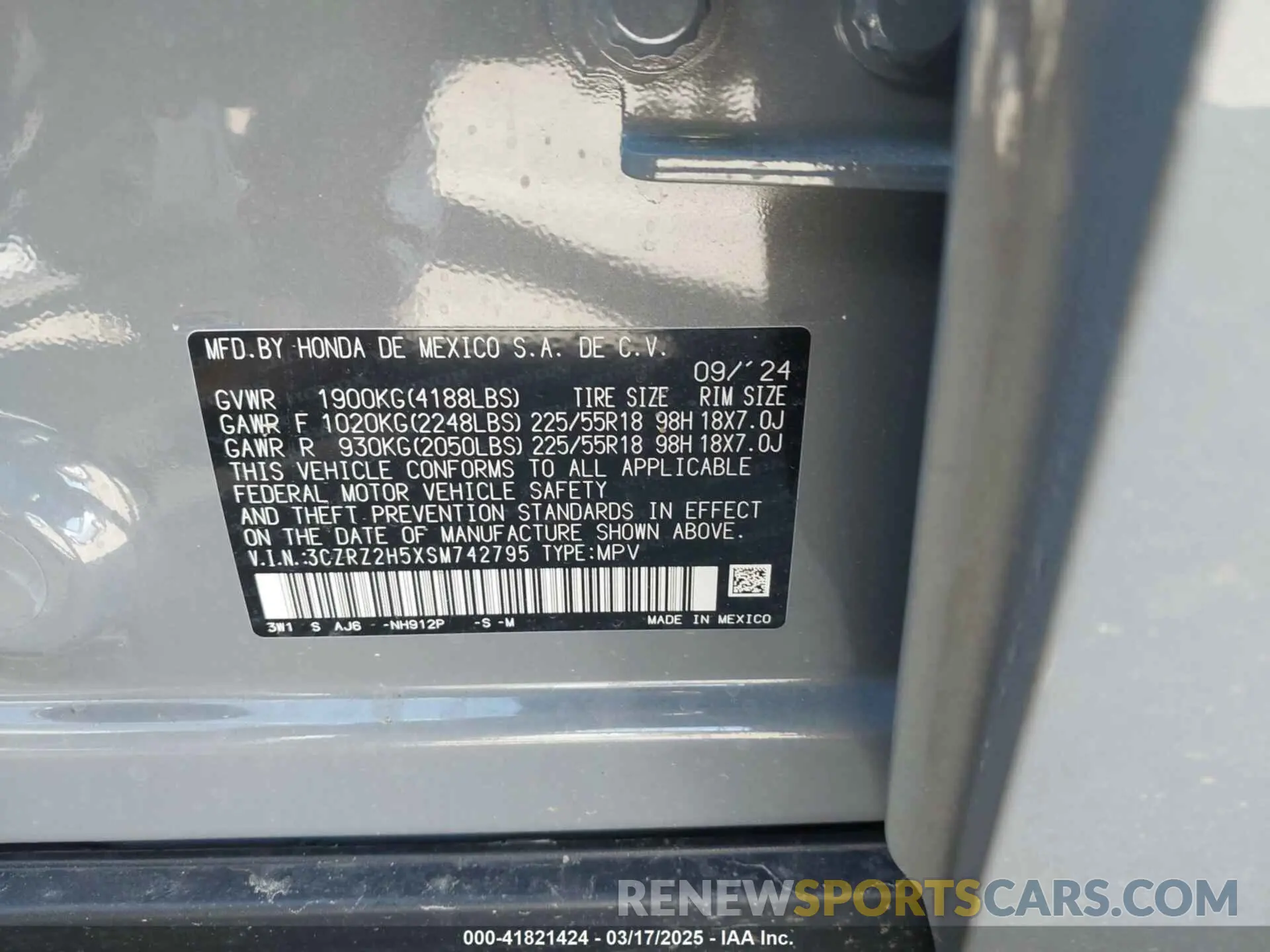 9 fotografías del automóvil dañado 3CZRZ2H5XSM742795 HONDA HR-V 2025
