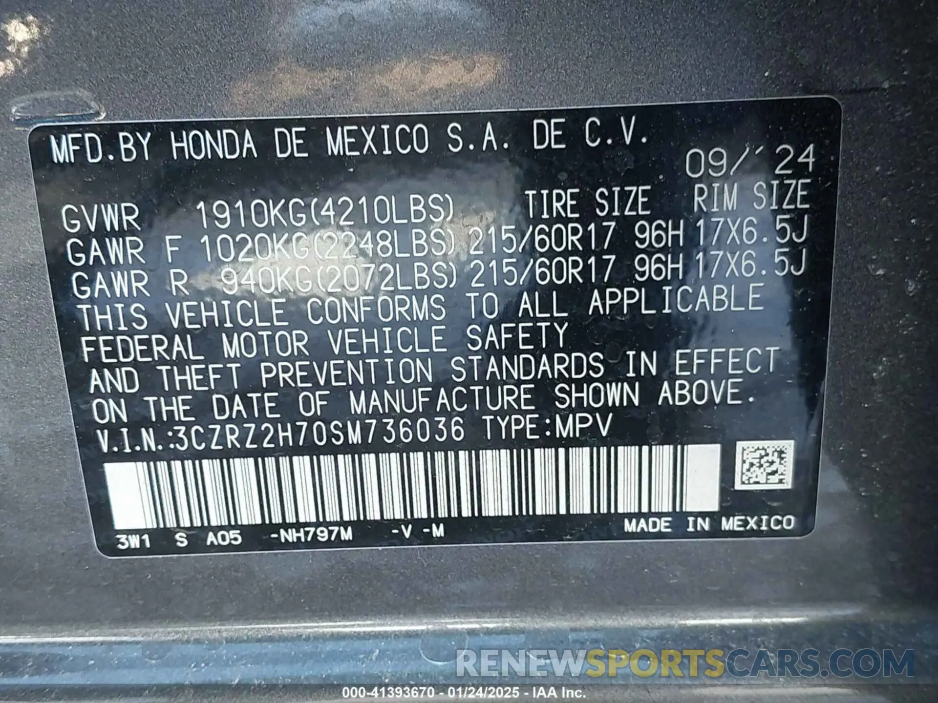 9 fotografías del automóvil dañado 3CZRZ2H70SM736036 HONDA HR-V 2025