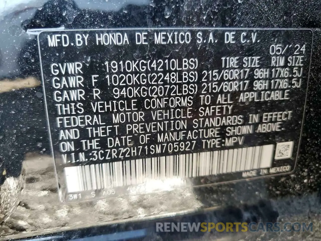 13 fotografías del automóvil dañado 3CZRZ2H71SM705927 HONDA HR-V 2025