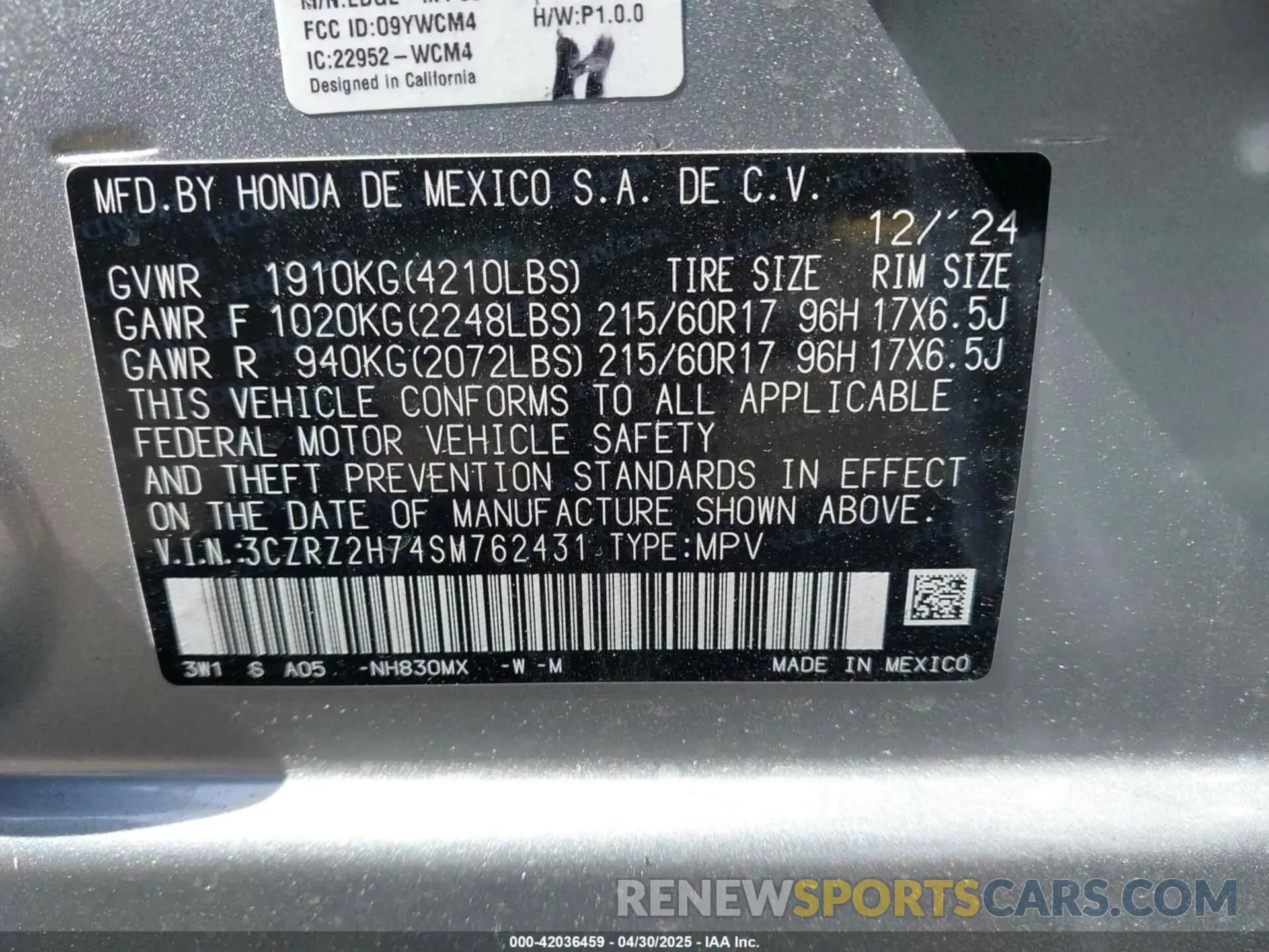 9 fotografías del automóvil dañado 3CZRZ2H74SM762431 HONDA HR-V 2025