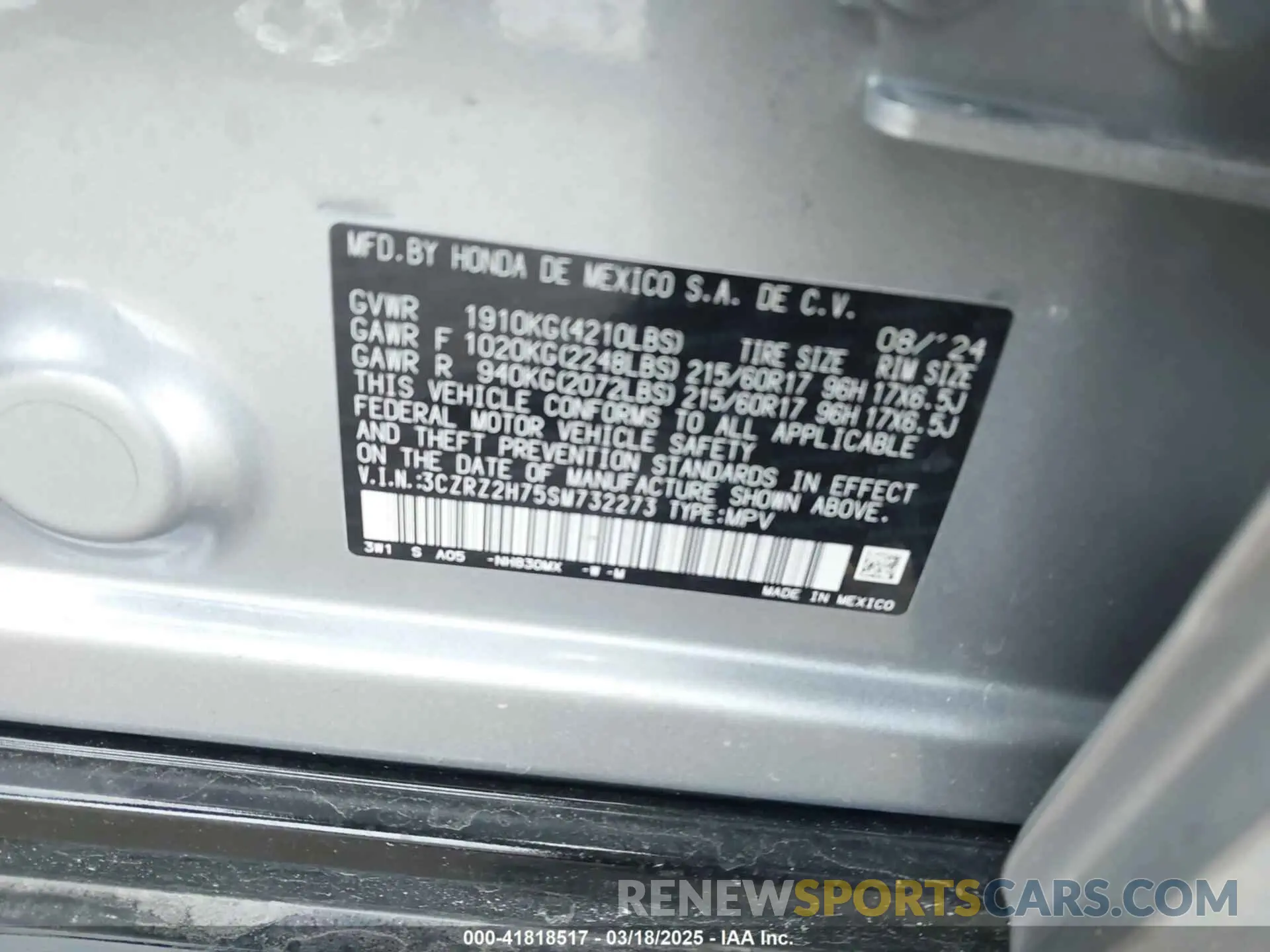 9 fotografías del automóvil dañado 3CZRZ2H75SM732273 HONDA HR-V 2025