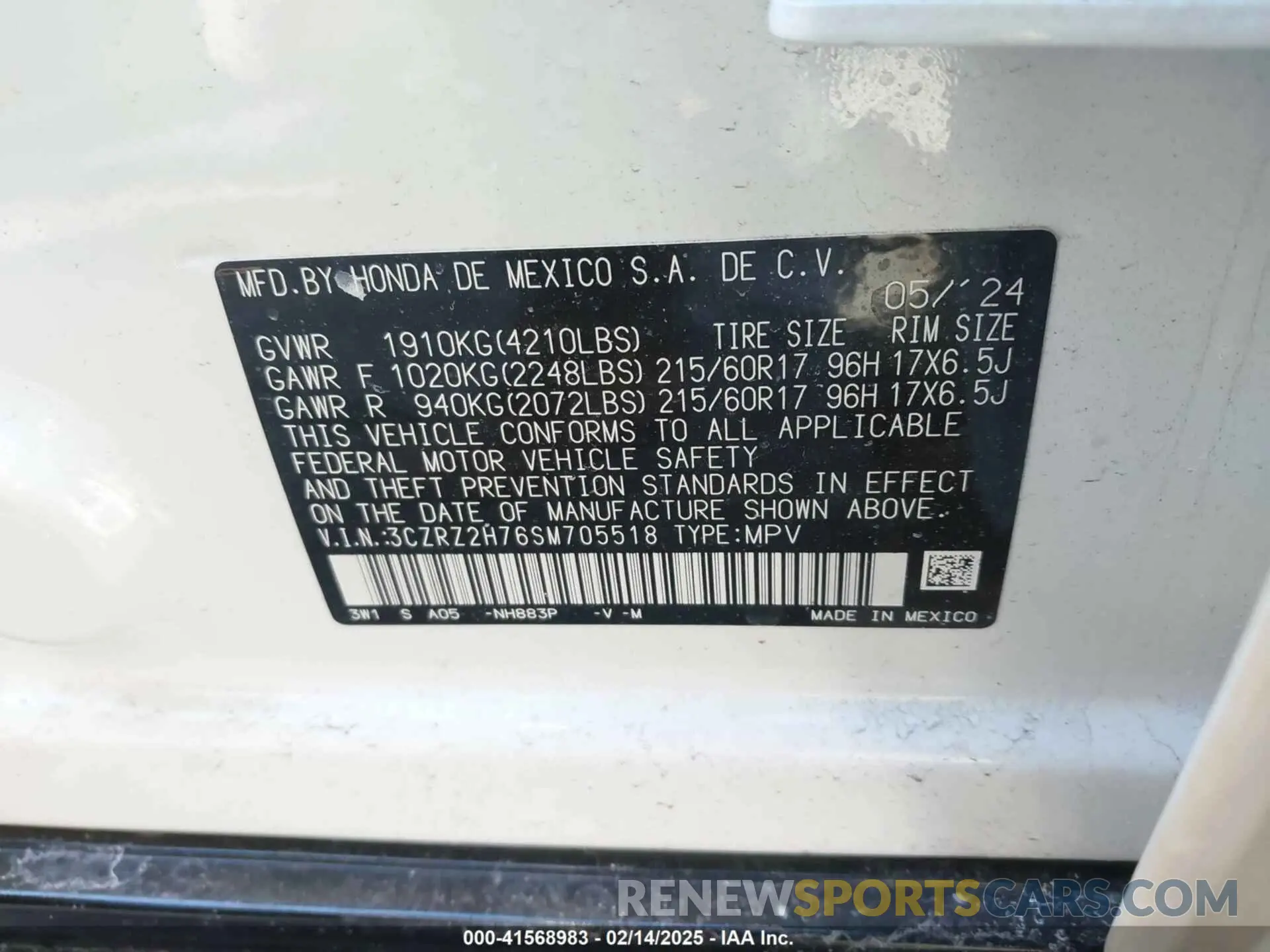 9 fotografías del automóvil dañado 3CZRZ2H76SM705518 HONDA HR-V 2025