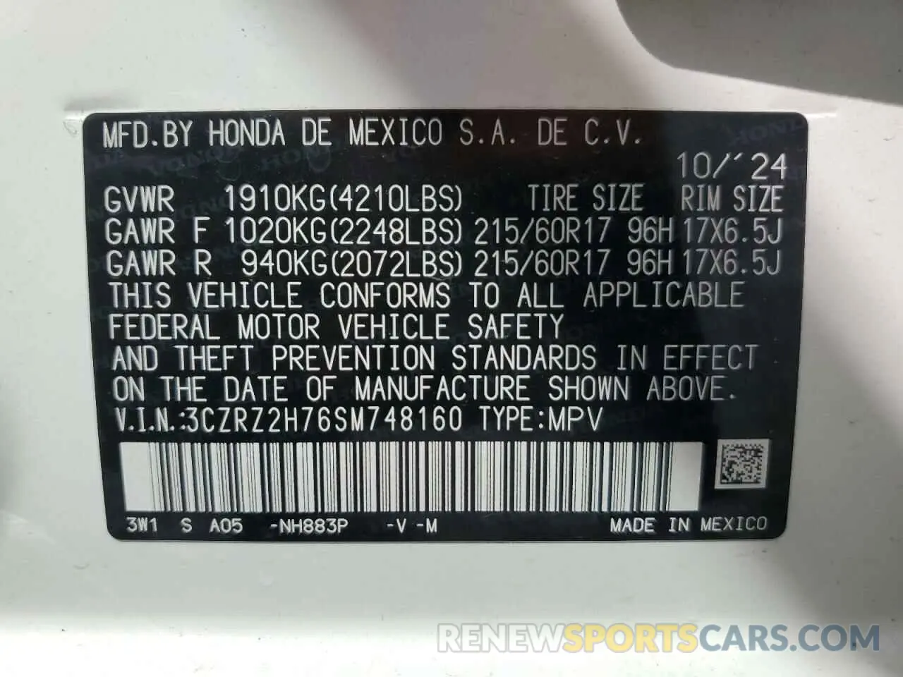 14 fotografías del automóvil dañado 3CZRZ2H76SM748160 HONDA HR-V 2025