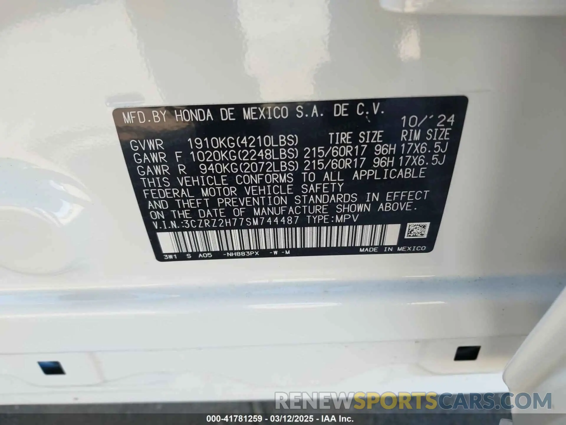 9 fotografías del automóvil dañado 3CZRZ2H77SM744487 HONDA HR-V 2025