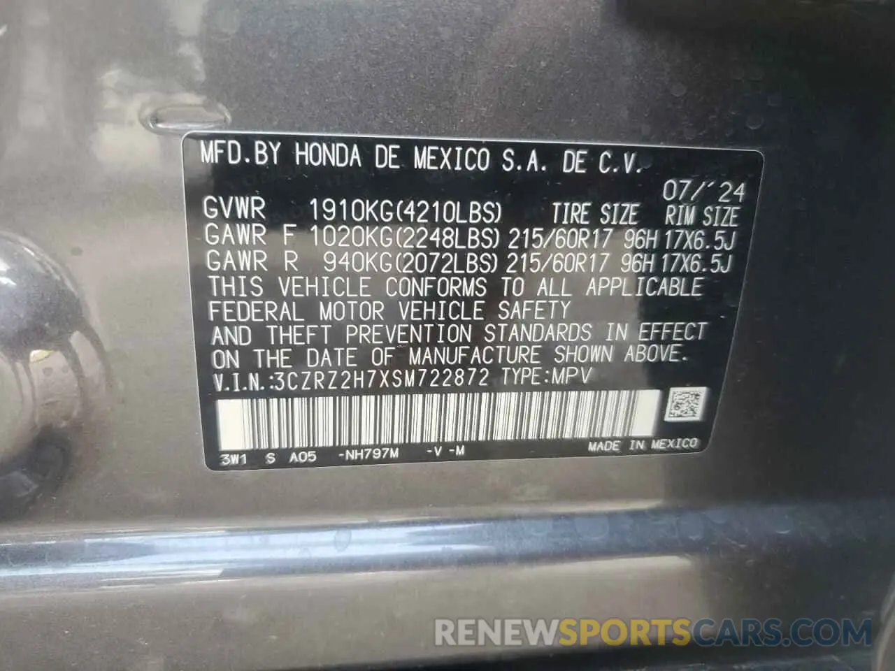 12 fotografías del automóvil dañado 3CZRZ2H7XSM722872 HONDA HR-V 2025
