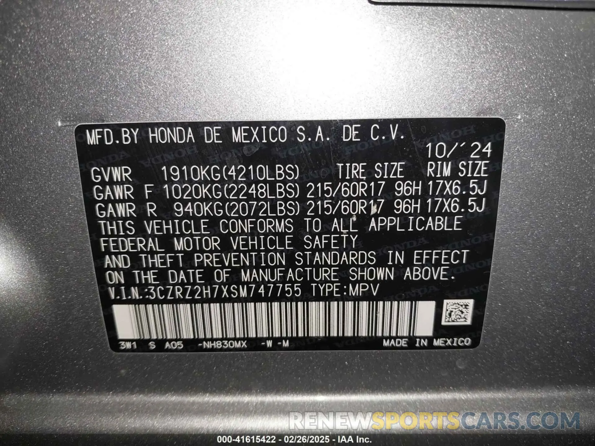 9 fotografías del automóvil dañado 3CZRZ2H7XSM747755 HONDA HR-V 2025