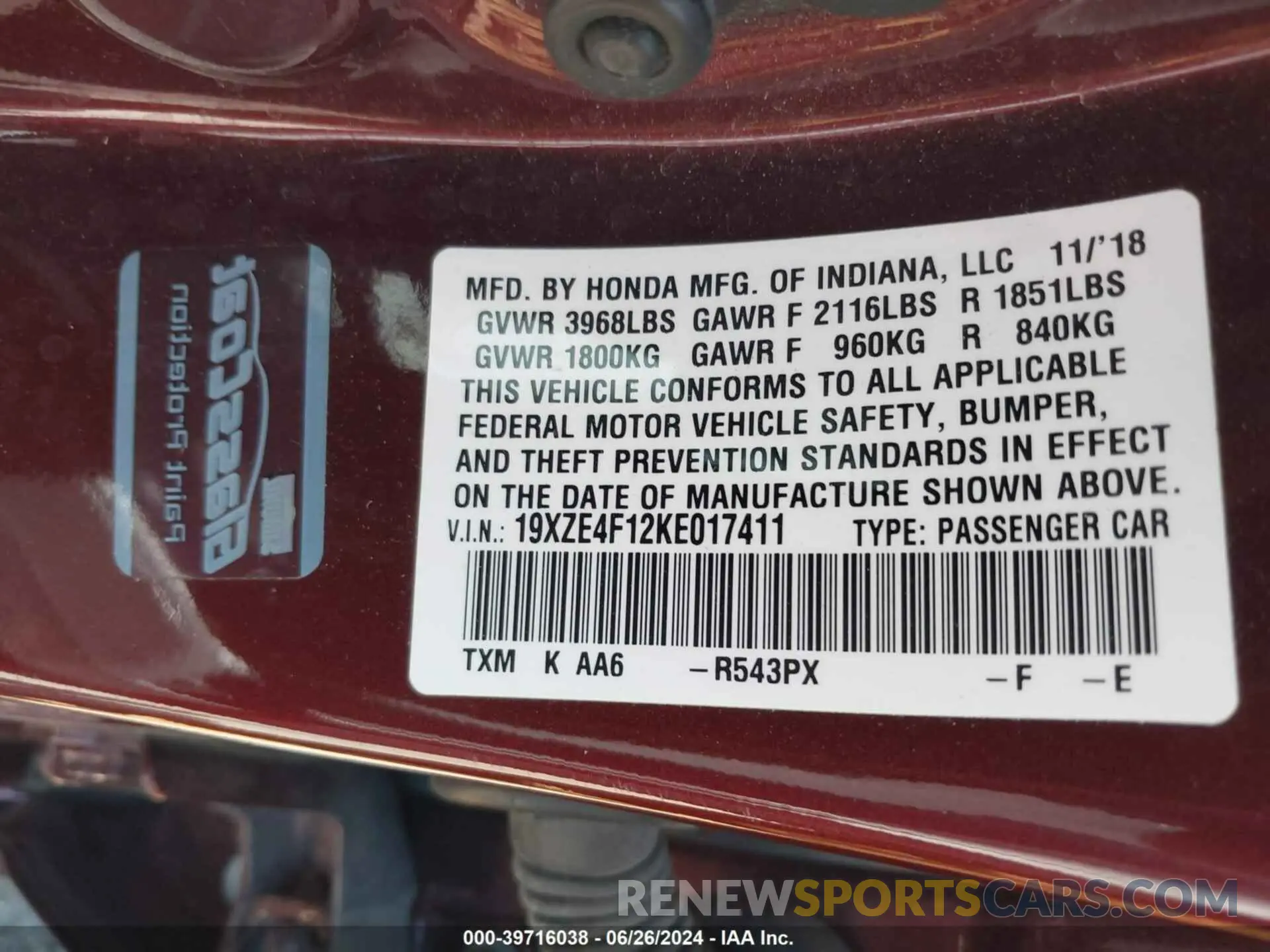 9 fotografías del automóvil dañado 19XZE4F12KE017411 HONDA INSIGHT 2019