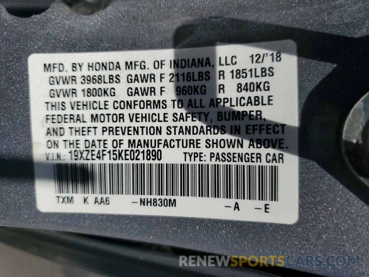 12 fotografías del automóvil dañado 19XZE4F15KE021890 HONDA INSIGHT 2019