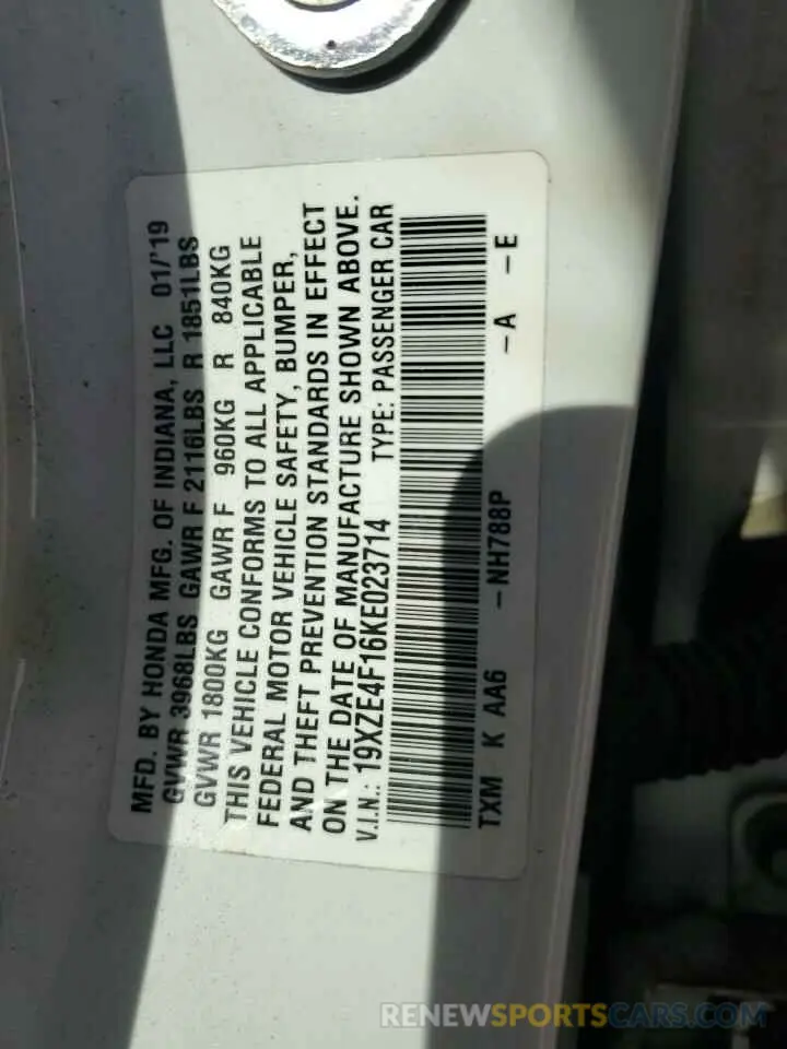 12 fotografías del automóvil dañado 19XZE4F16KE023714 HONDA INSIGHT 2019