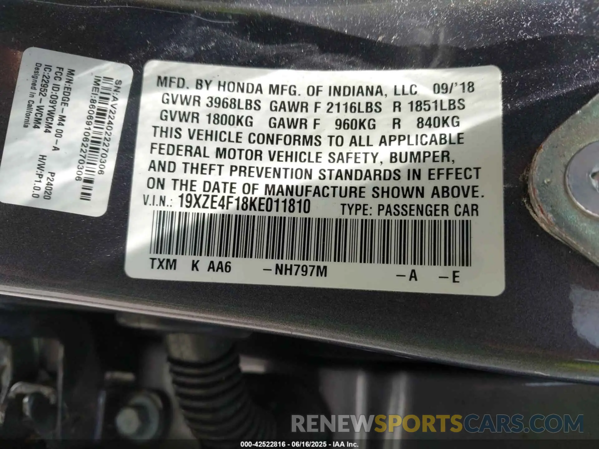 9 fotografías del automóvil dañado 19XZE4F18KE011810 HONDA INSIGHT 2019