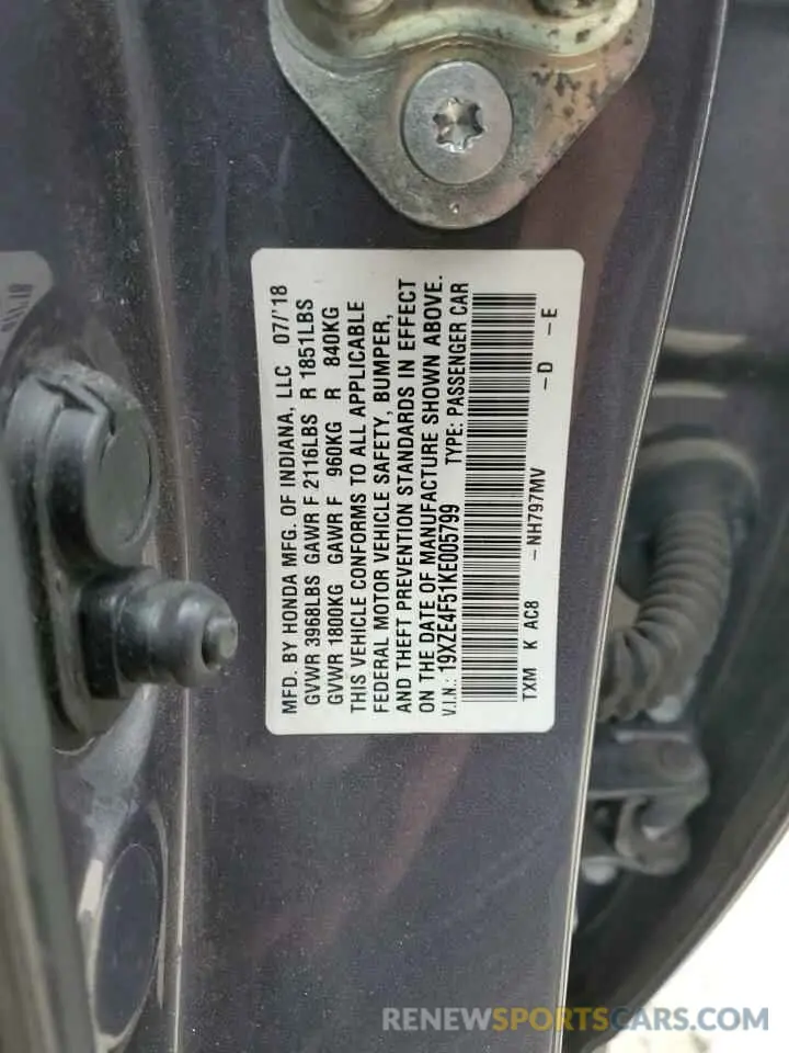 12 fotografías del automóvil dañado 19XZE4F51KE005799 HONDA INSIGHT 2019