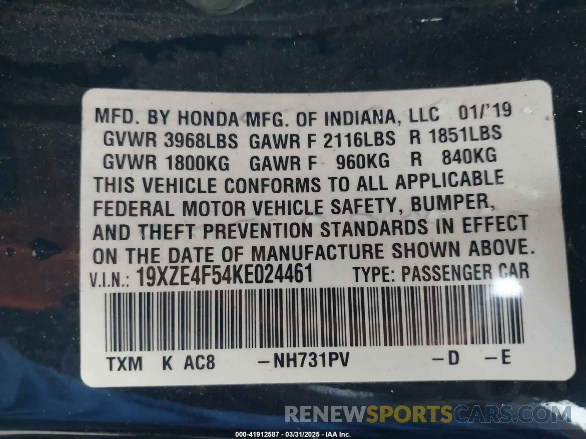 9 fotografías del automóvil dañado 19XZE4F54KE024461 HONDA INSIGHT 2019