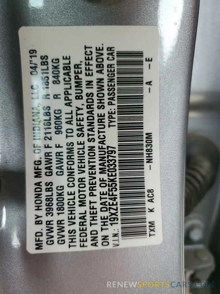 13 fotografías del automóvil dañado 19XZE4F55KE033797 HONDA INSIGHT 2019