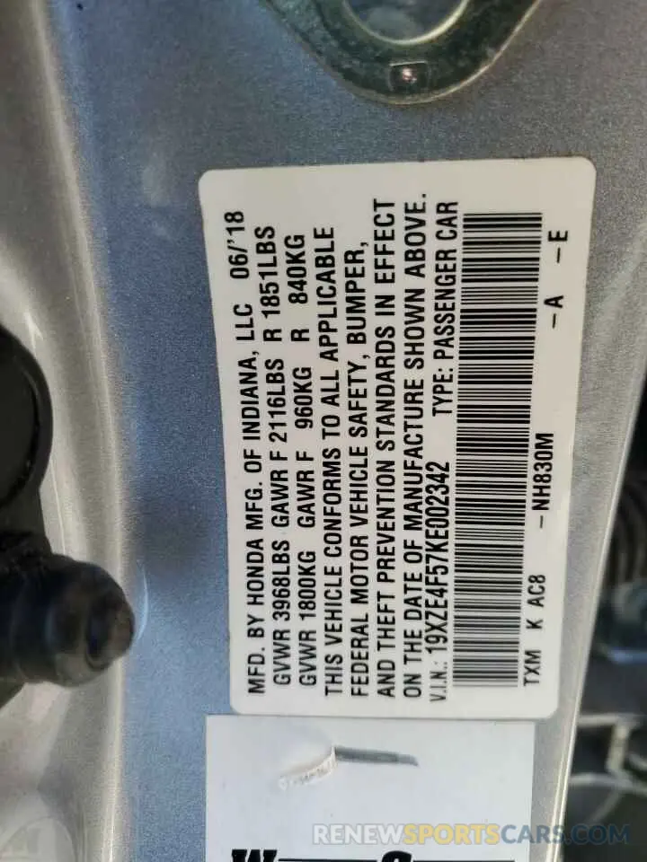 12 fotografías del automóvil dañado 19XZE4F57KE002342 HONDA INSIGHT 2019