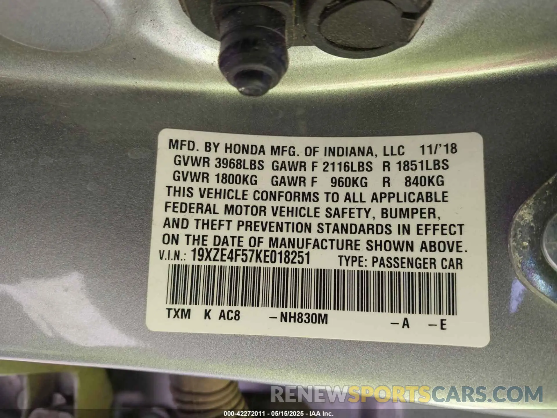 9 fotografías del automóvil dañado 19XZE4F57KE018251 HONDA INSIGHT 2019