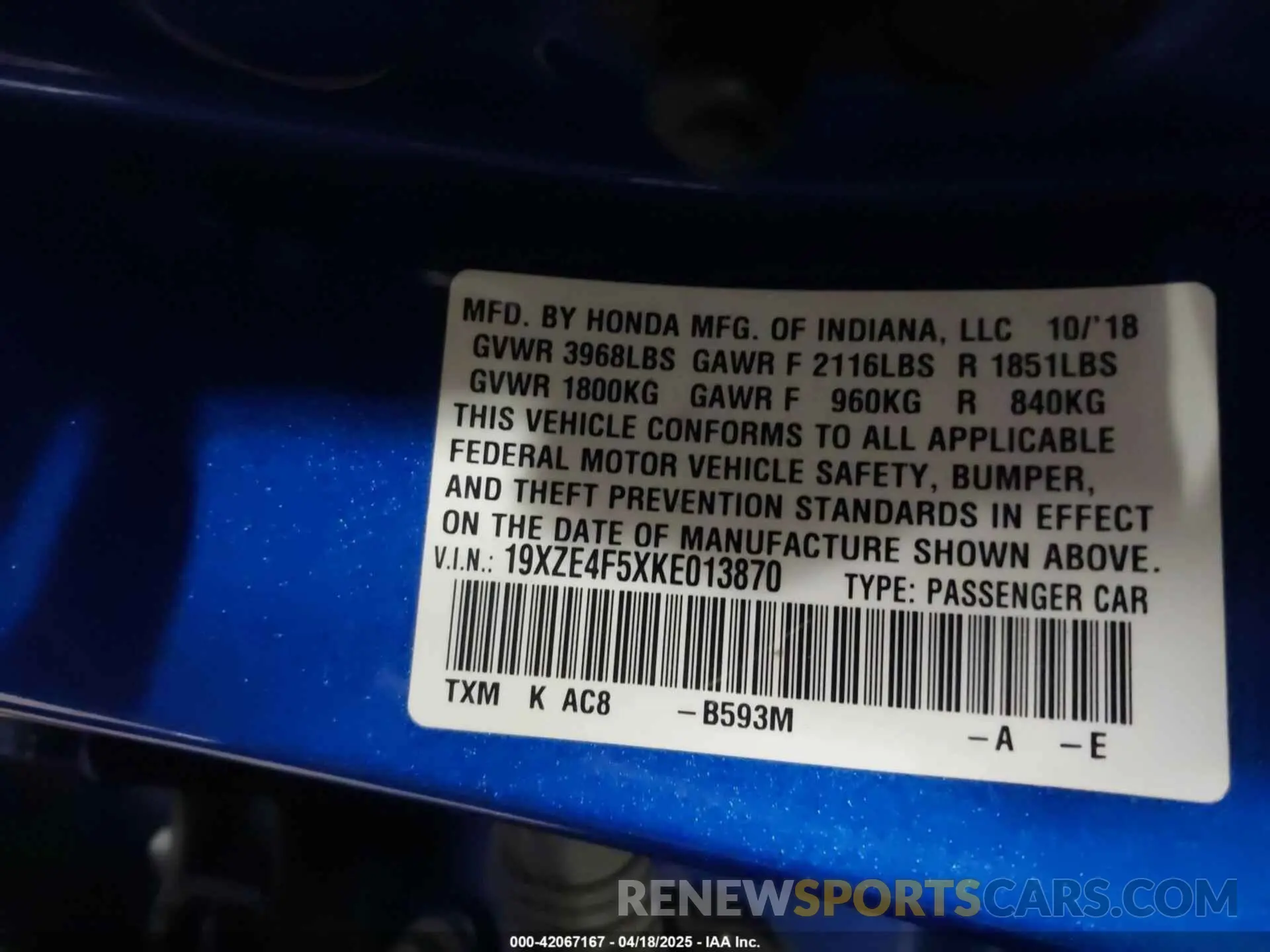 9 fotografías del automóvil dañado 19XZE4F5XKE013870 HONDA INSIGHT 2019