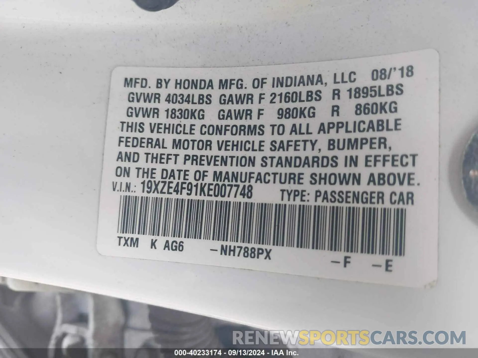 9 fotografías del automóvil dañado 19XZE4F91KE007748 HONDA INSIGHT 2019