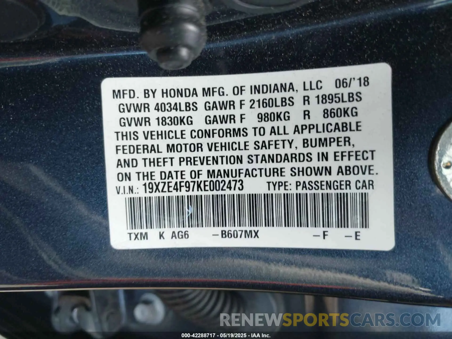 9 fotografías del automóvil dañado 19XZE4F97KE002473 HONDA INSIGHT 2019