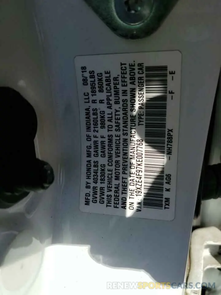 12 fotografías del automóvil dañado 19XZE4F97KE007768 HONDA INSIGHT 2019