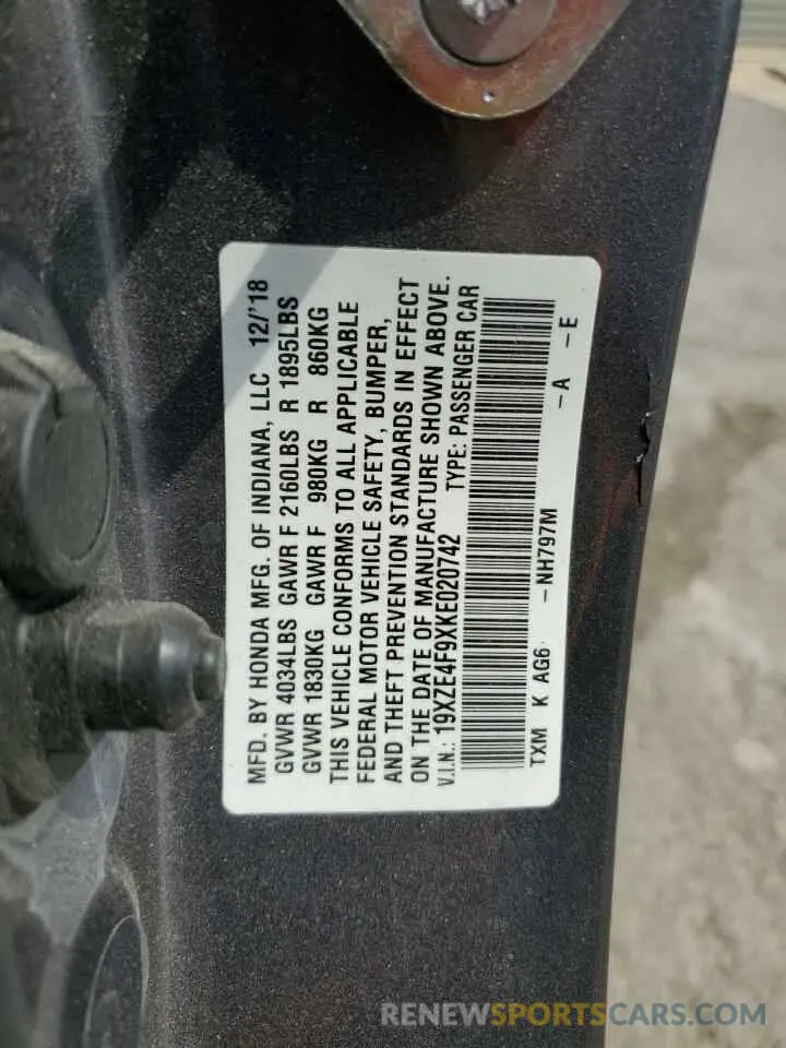 12 fotografías del automóvil dañado 19XZE4F9XKE020742 HONDA INSIGHT 2019
