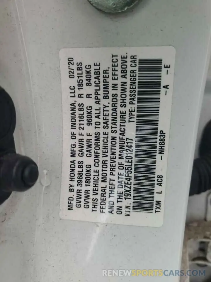 12 fotografías del automóvil dañado 19XZE4F55LE012417 HONDA INSIGHT 2020