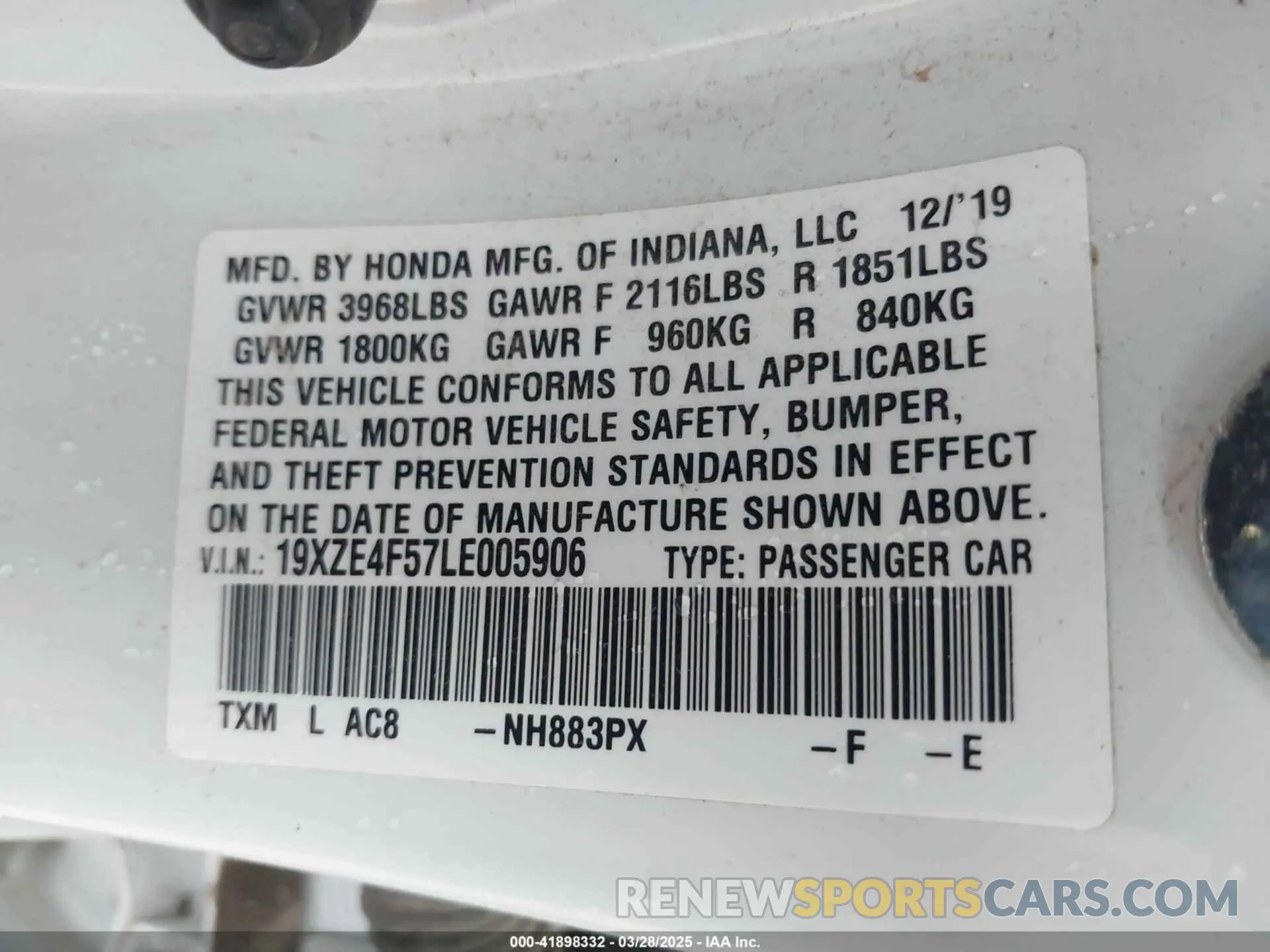 9 fotografías del automóvil dañado 19XZE4F57LE005906 HONDA INSIGHT 2020