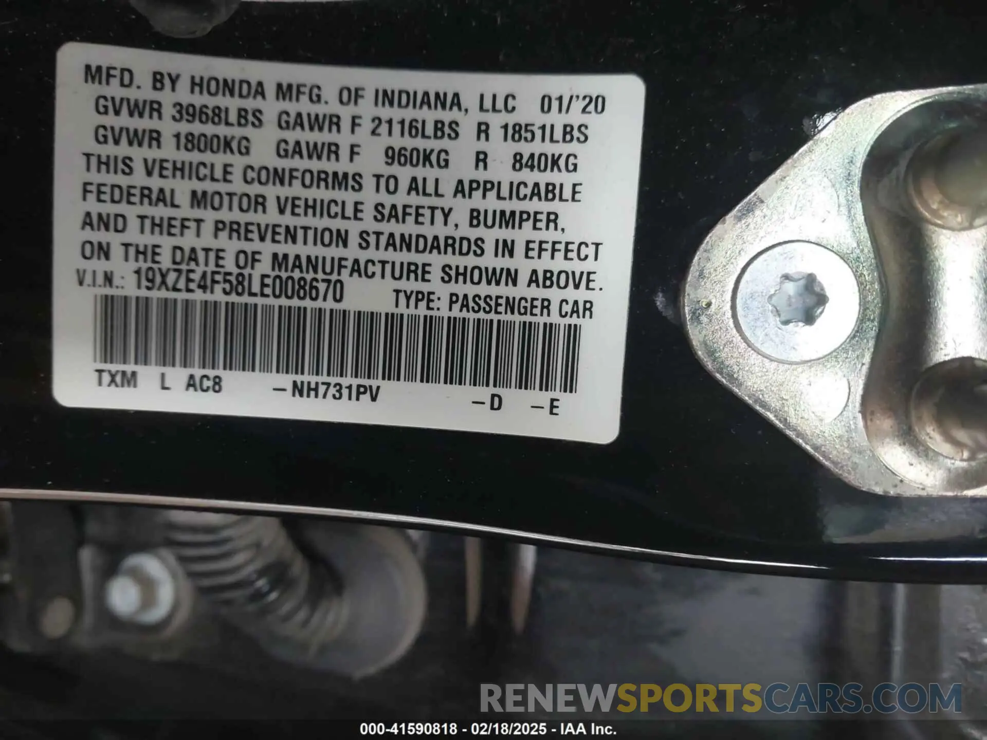 9 fotografías del automóvil dañado 19XZE4F58LE008670 HONDA INSIGHT 2020