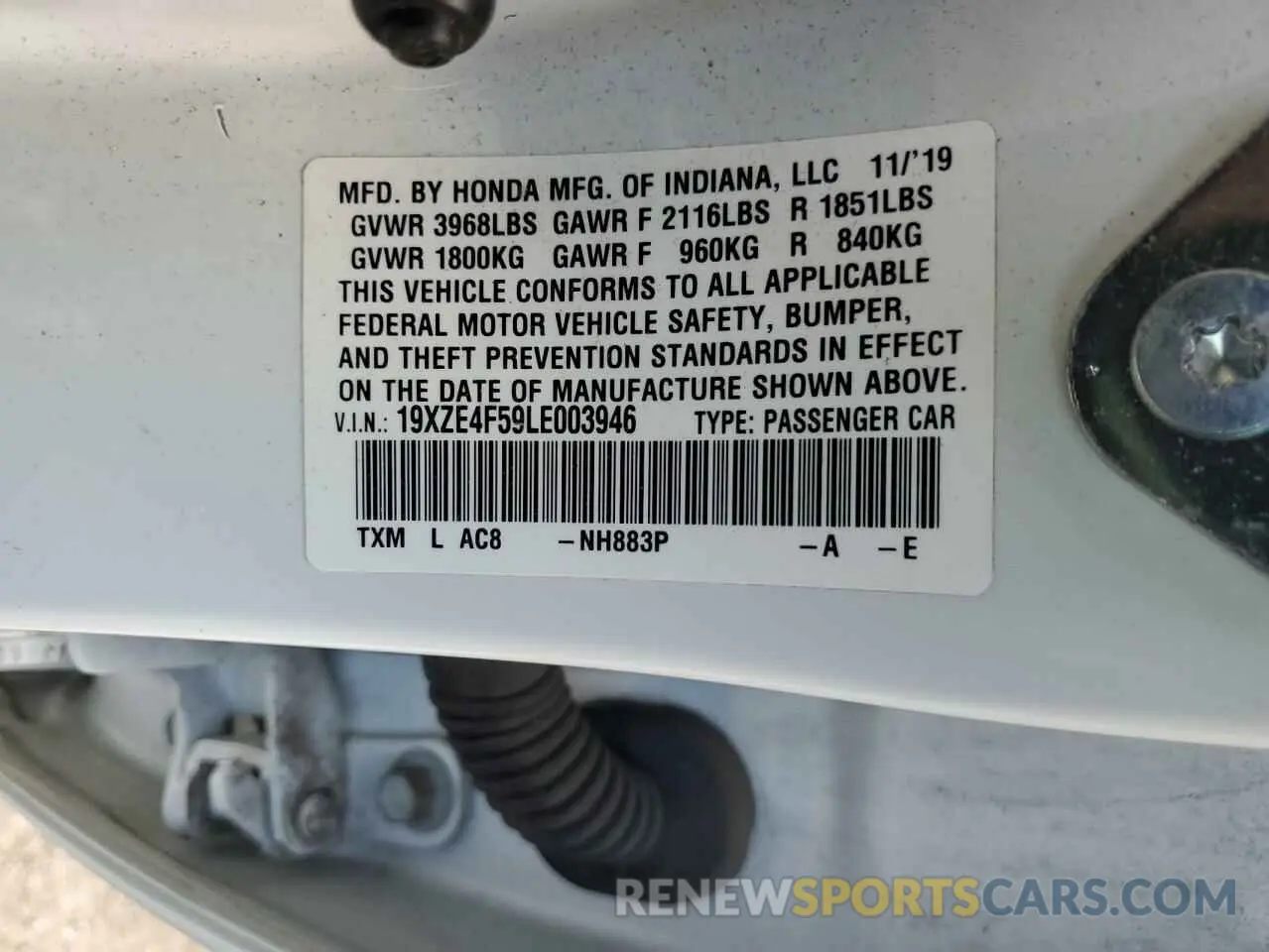 12 fotografías del automóvil dañado 19XZE4F59LE003946 HONDA INSIGHT 2020