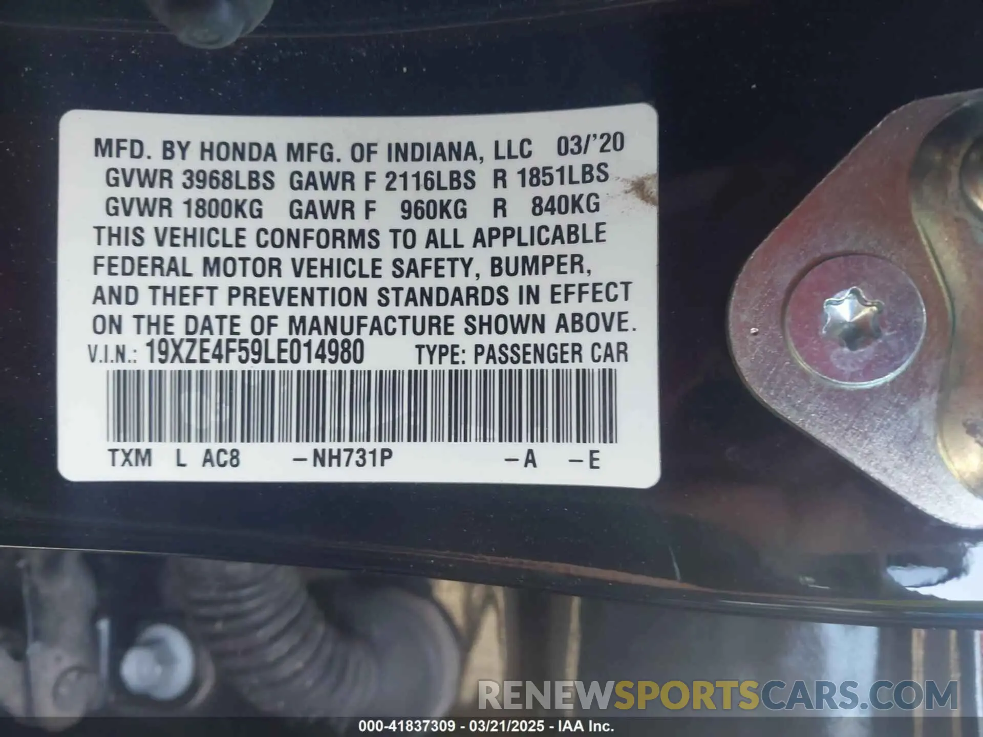 9 fotografías del automóvil dañado 19XZE4F59LE014980 HONDA INSIGHT 2020