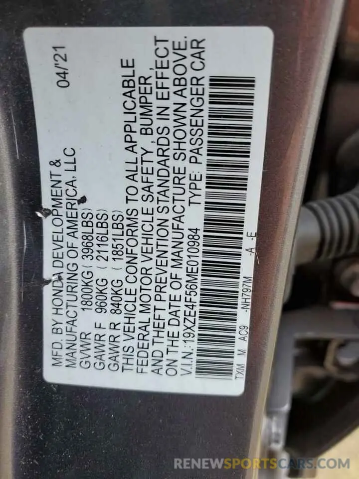 12 fotografías del automóvil dañado 19XZE4F56ME010984 HONDA INSIGHT 2021