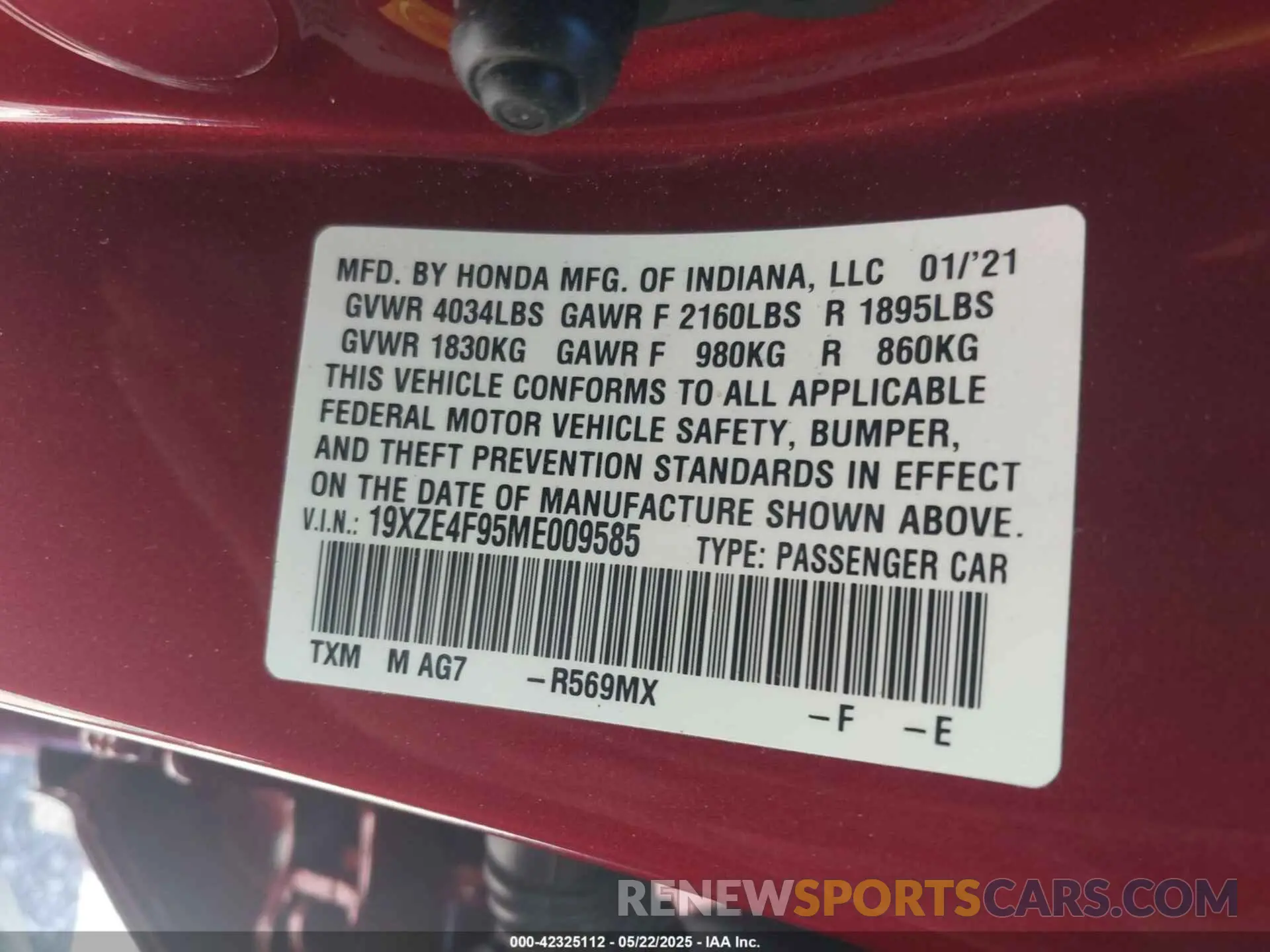 9 fotografías del automóvil dañado 19XZE4F95ME009585 HONDA INSIGHT 2021
