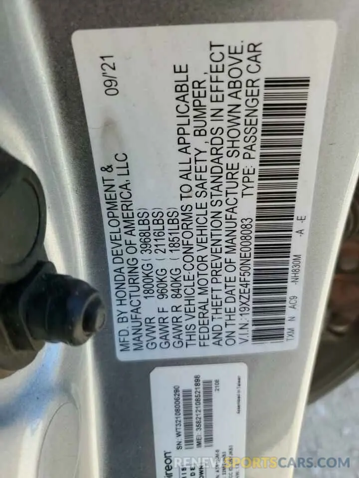 12 fotografías del automóvil dañado 19XZE4F50NE008083 HONDA INSIGHT 2022