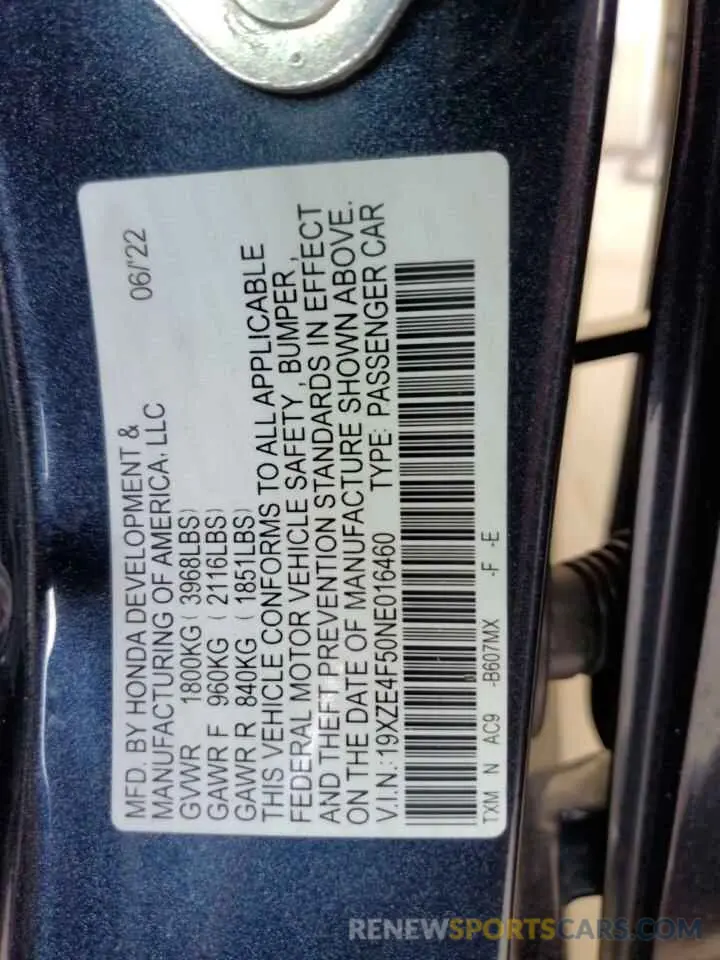12 fotografías del automóvil dañado 19XZE4F50NE016460 HONDA INSIGHT 2022