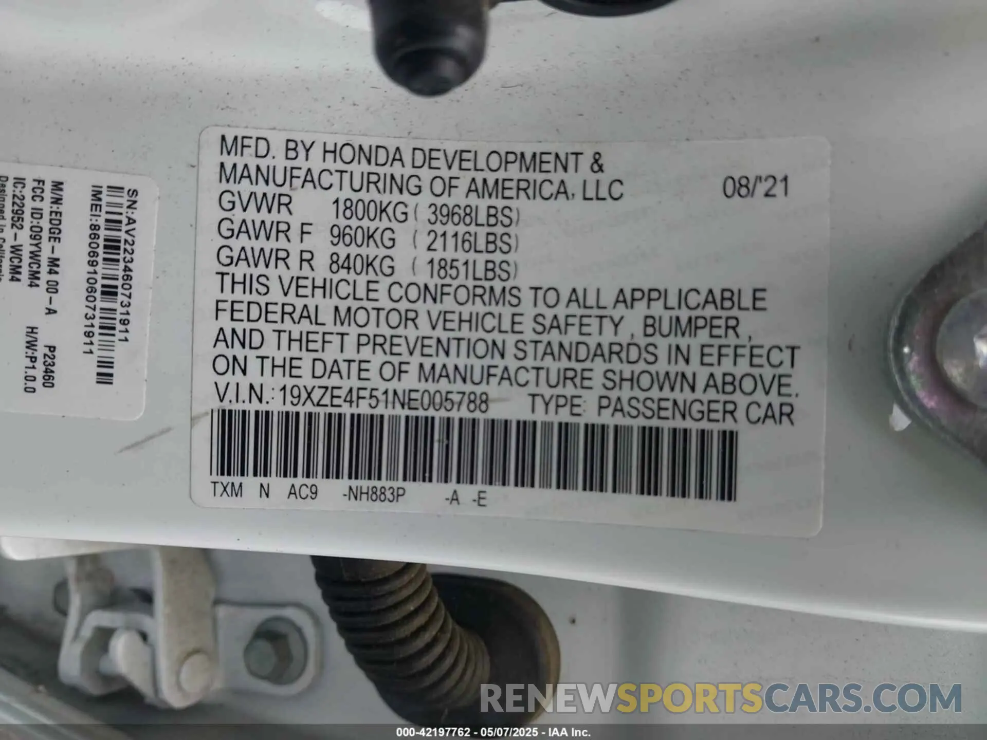 9 fotografías del automóvil dañado 19XZE4F51NE005788 HONDA INSIGHT 2022