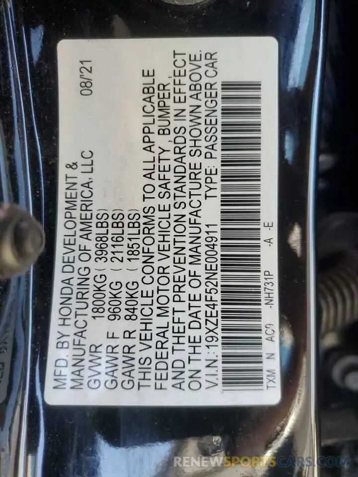 12 fotografías del automóvil dañado 19XZE4F52NE004911 HONDA INSIGHT 2022
