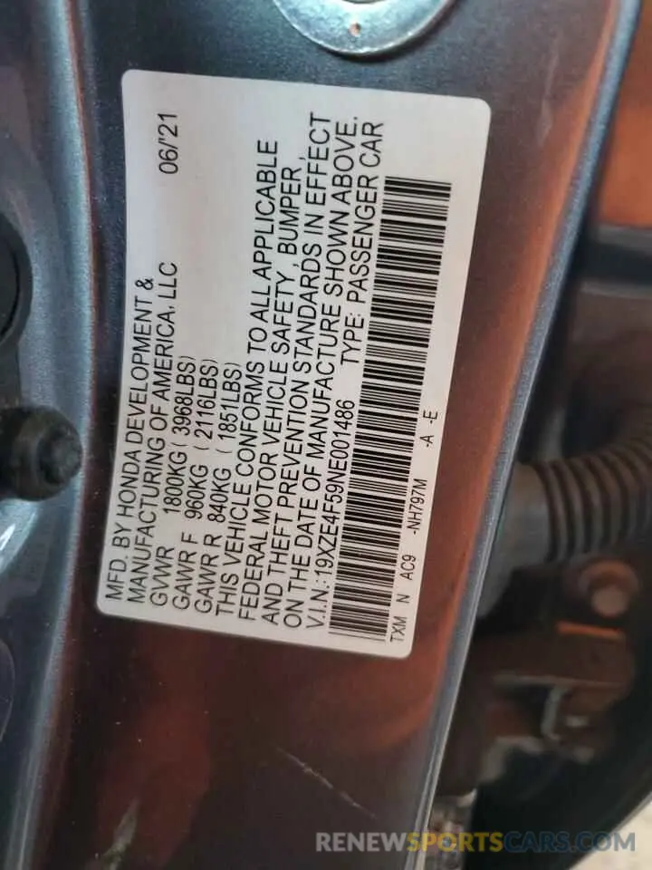 12 fotografías del automóvil dañado 19XZE4F59NE001486 HONDA INSIGHT 2022