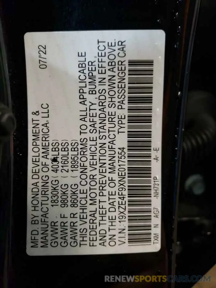 12 fotografías del automóvil dañado 19XZE4F9XNE017554 HONDA INSIGHT 2022
