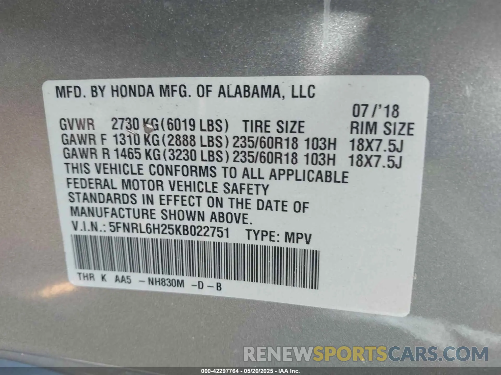 9 fotografías del automóvil dañado 5FNRL6H25KB022751 HONDA ODYSSEY 2019