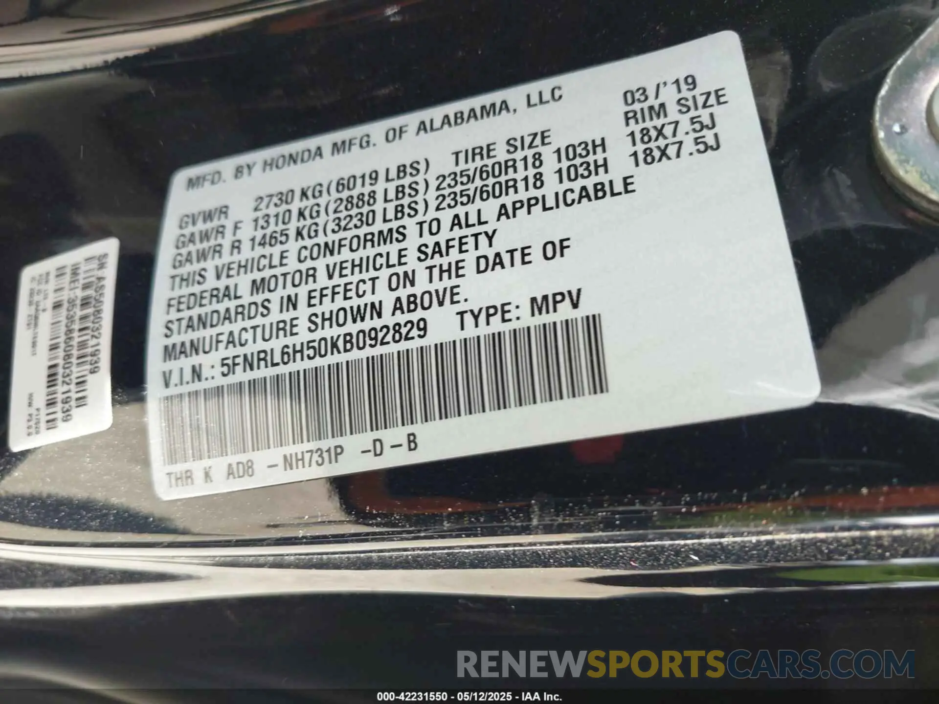 9 fotografías del automóvil dañado 5FNRL6H50KB092829 HONDA ODYSSEY 2019