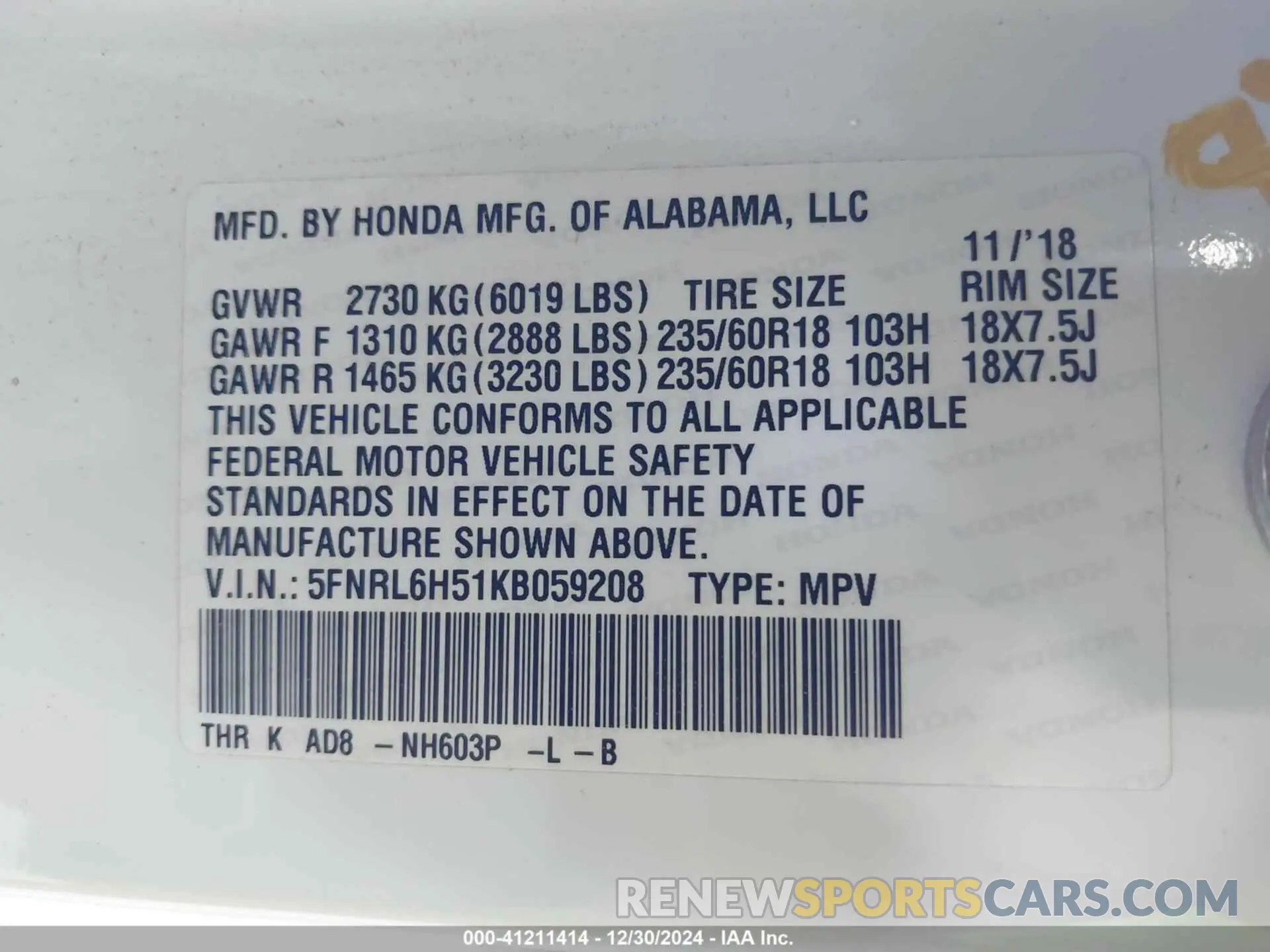 9 fotografías del automóvil dañado 5FNRL6H51KB059208 HONDA ODYSSEY 2019