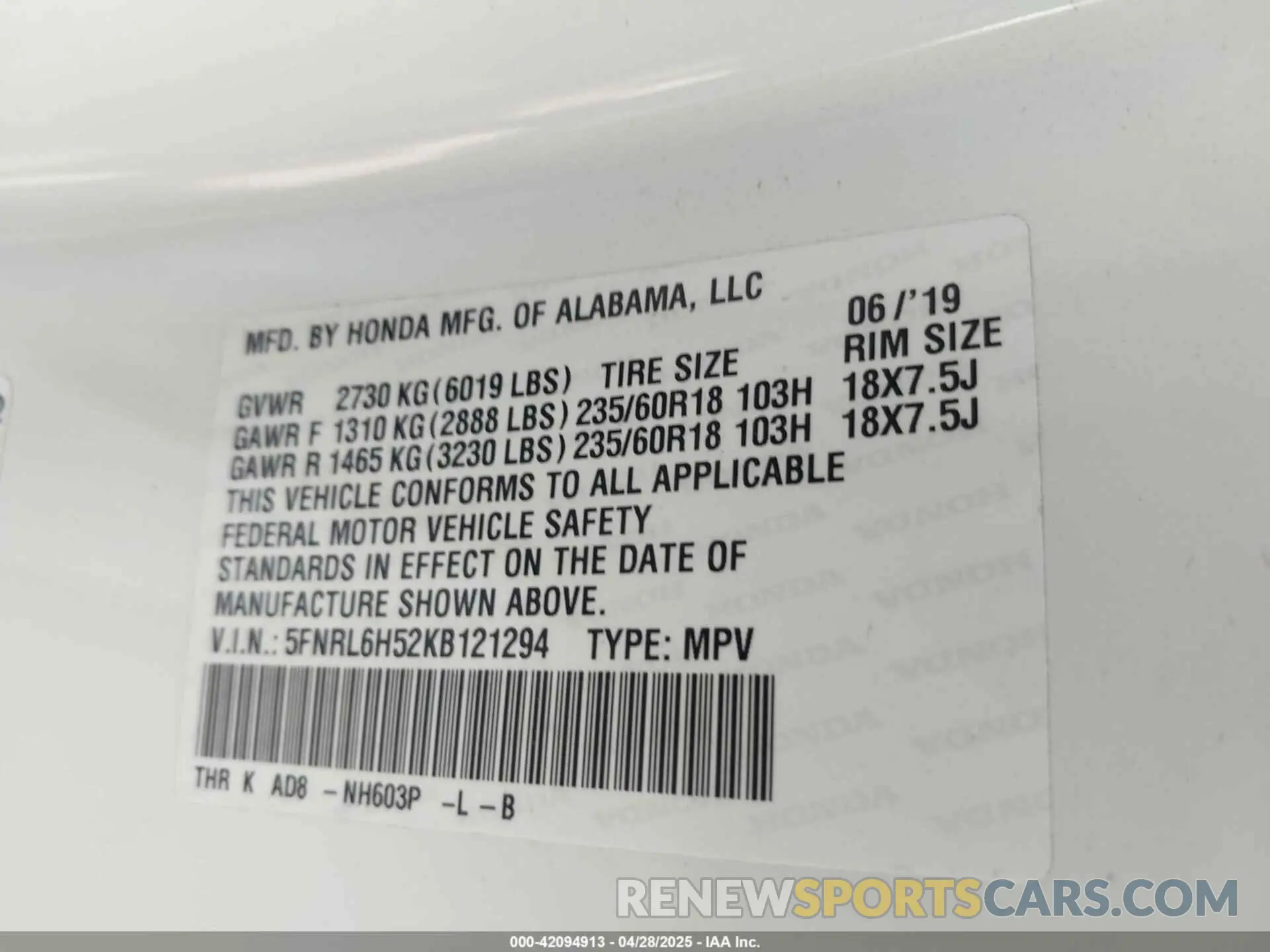 9 fotografías del automóvil dañado 5FNRL6H52KB121294 HONDA ODYSSEY 2019