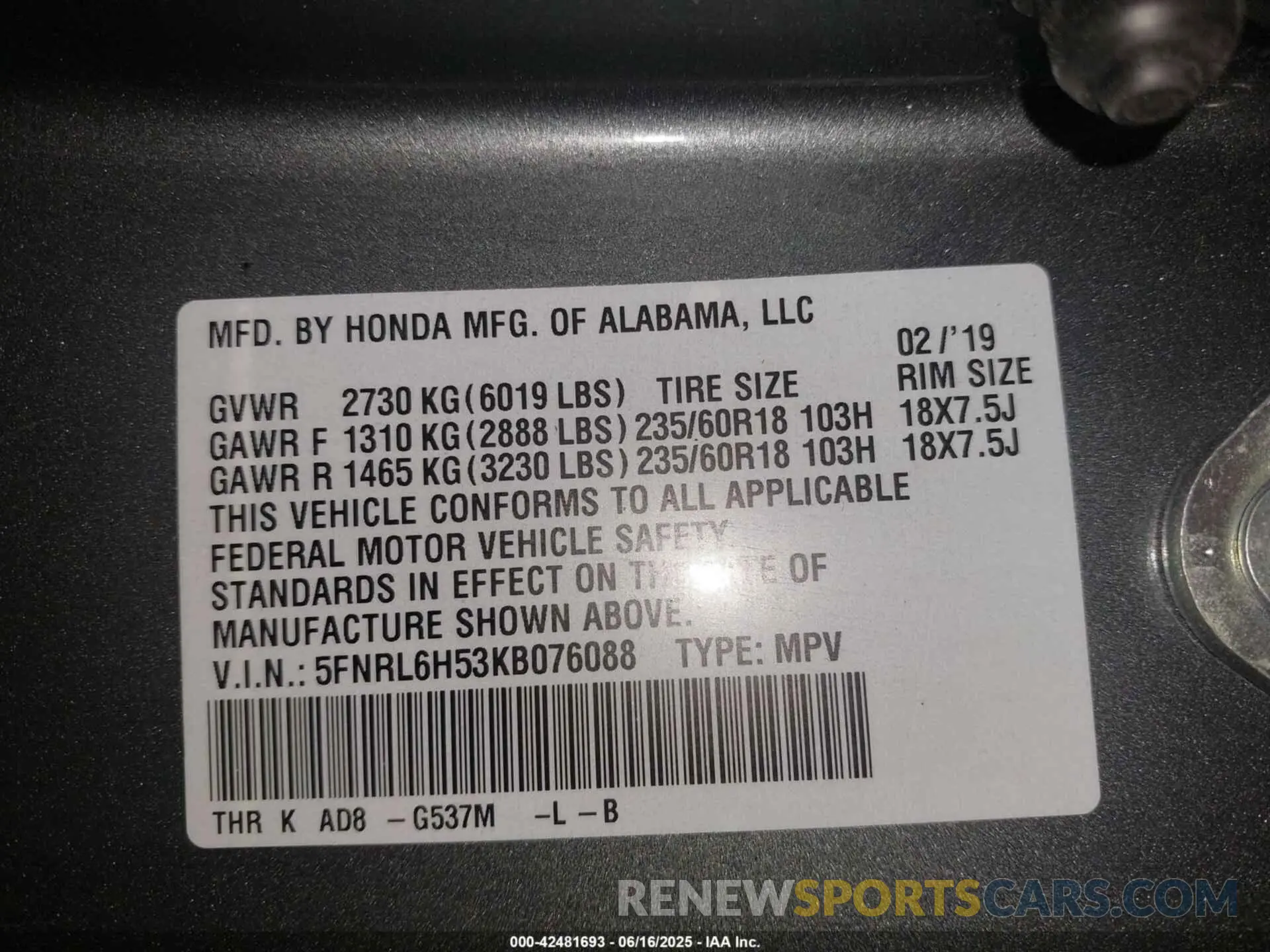 9 fotografías del automóvil dañado 5FNRL6H53KB076088 HONDA ODYSSEY 2019