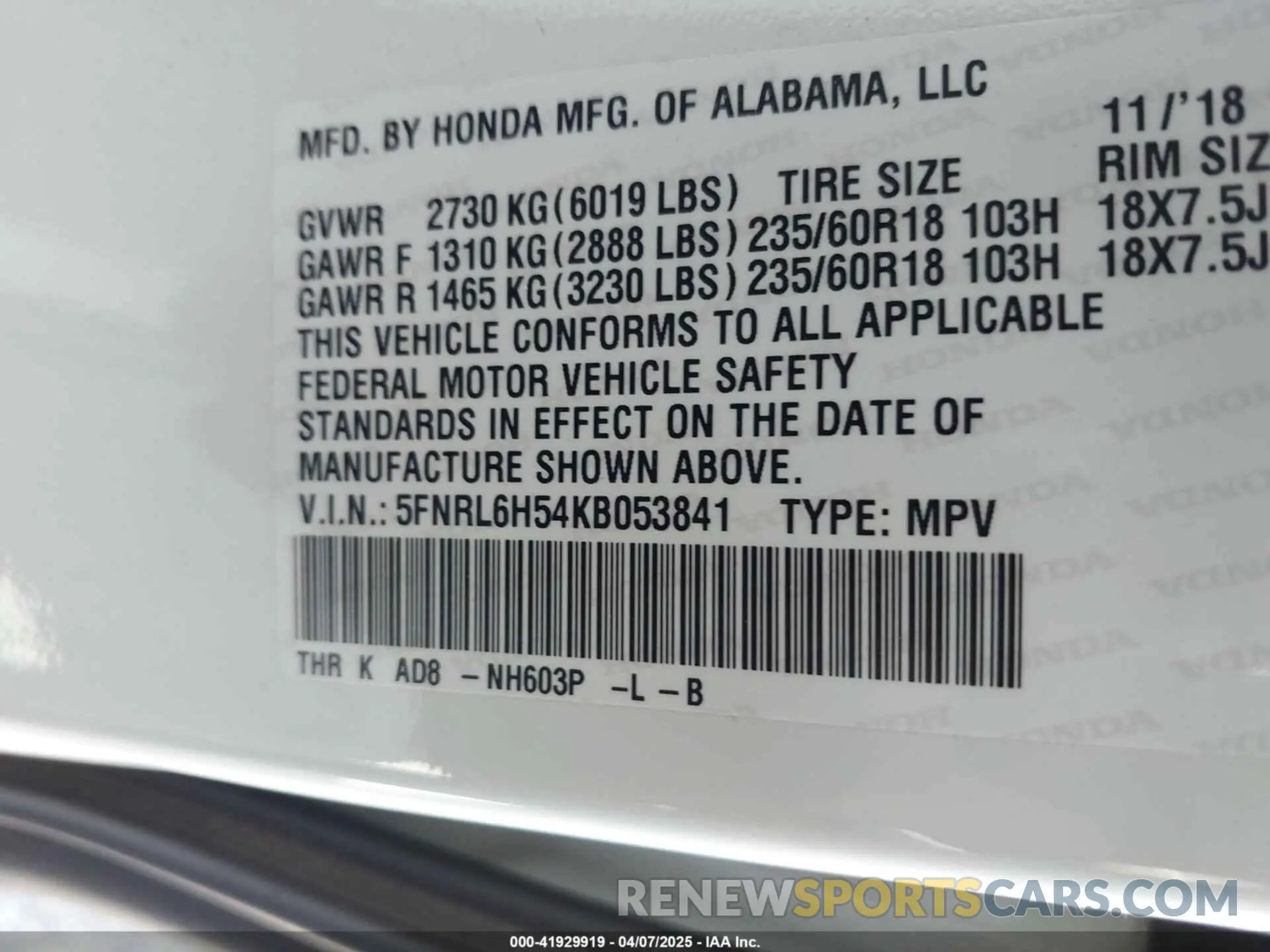 9 fotografías del automóvil dañado 5FNRL6H54KB053841 HONDA ODYSSEY 2019