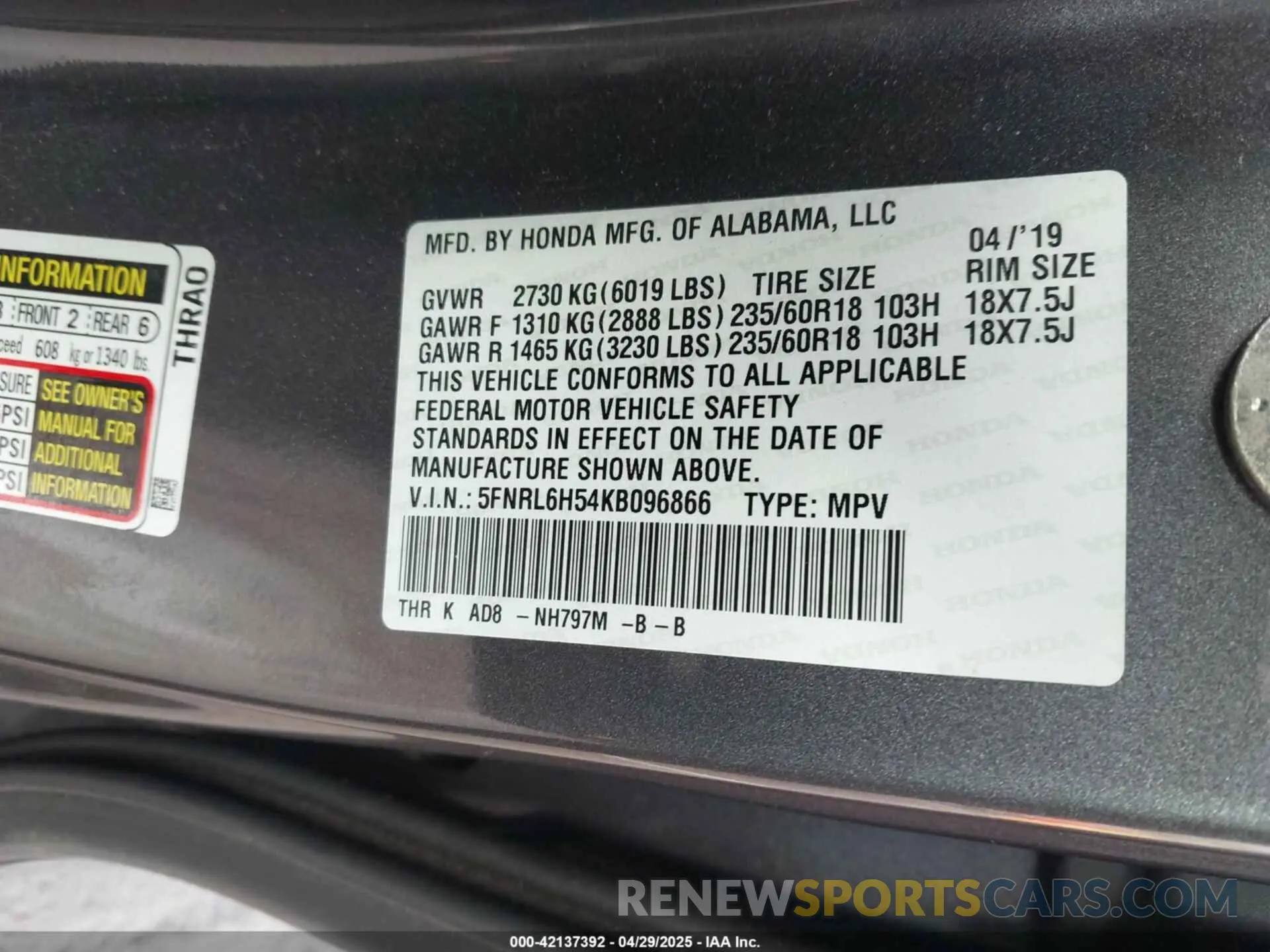 9 fotografías del automóvil dañado 5FNRL6H54KB096866 HONDA ODYSSEY 2019
