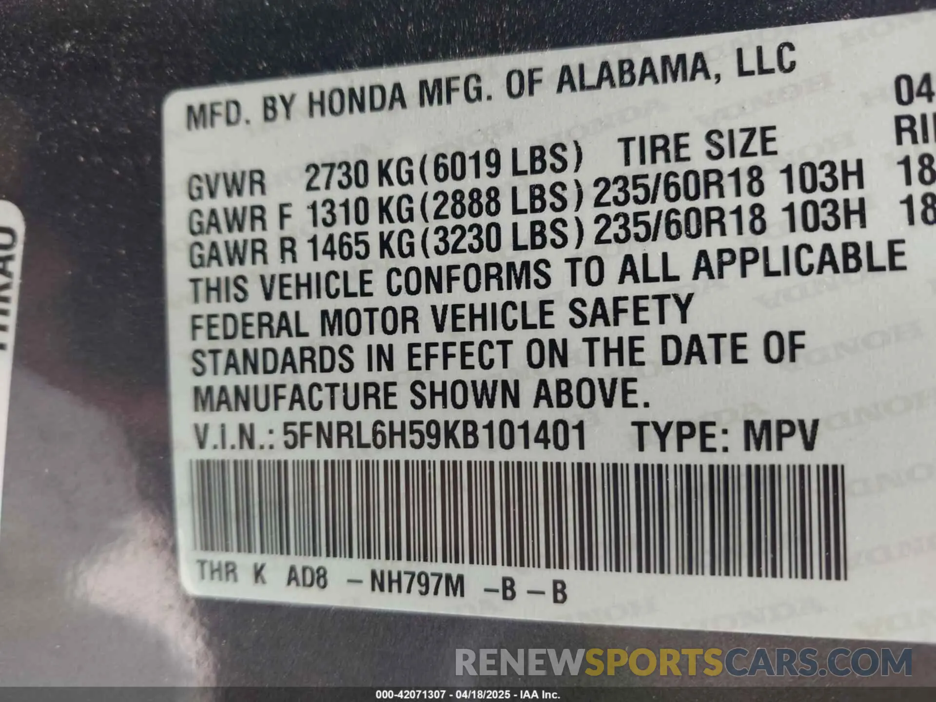 9 fotografías del automóvil dañado 5FNRL6H59KB101401 HONDA ODYSSEY 2019