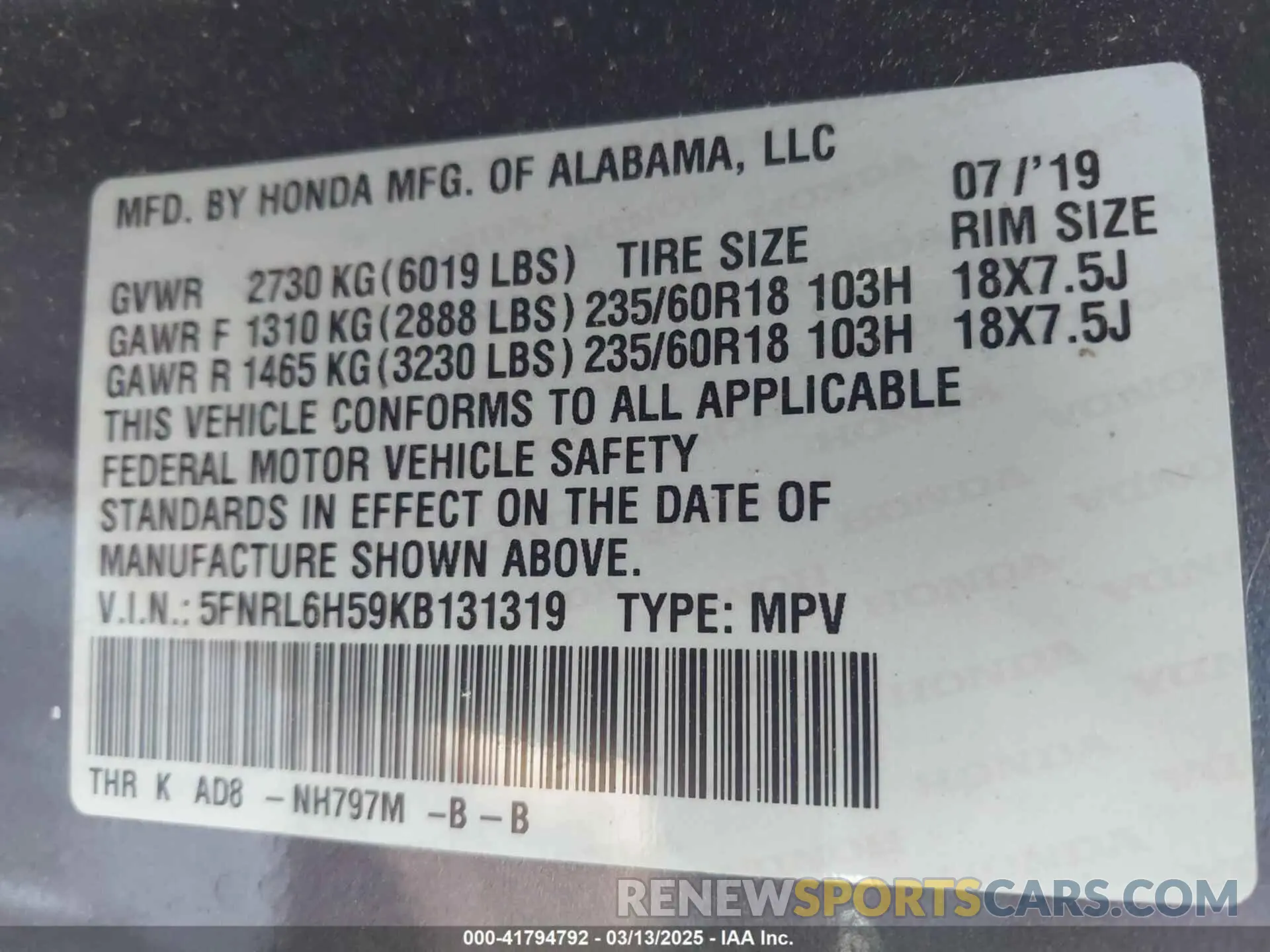 9 fotografías del automóvil dañado 5FNRL6H59KB131319 HONDA ODYSSEY 2019