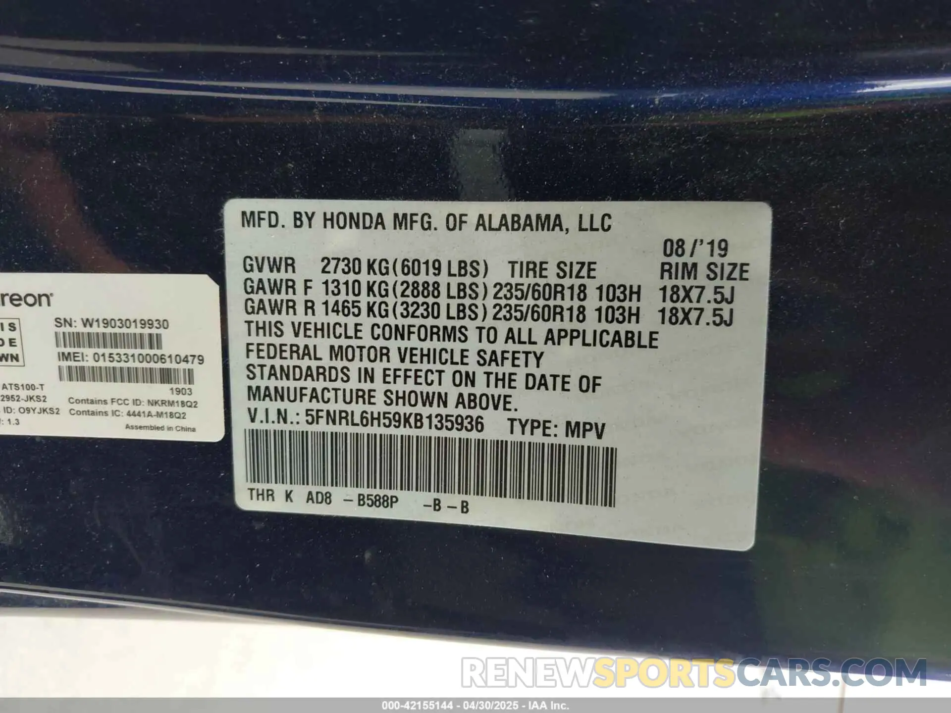 9 fotografías del automóvil dañado 5FNRL6H59KB135936 HONDA ODYSSEY 2019