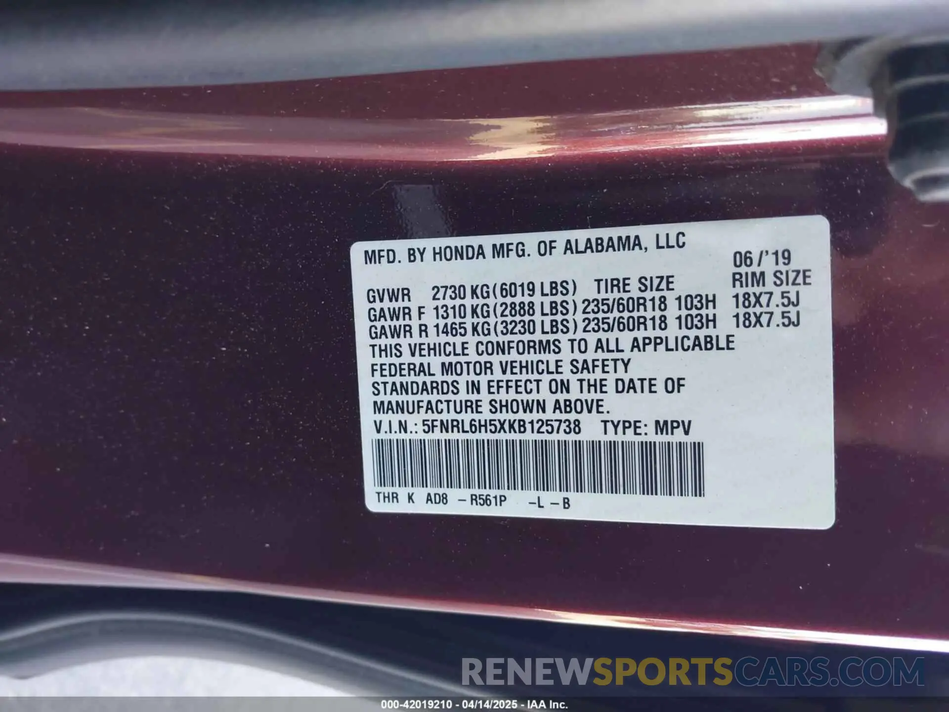 9 fotografías del automóvil dañado 5FNRL6H5XKB125738 HONDA ODYSSEY 2019