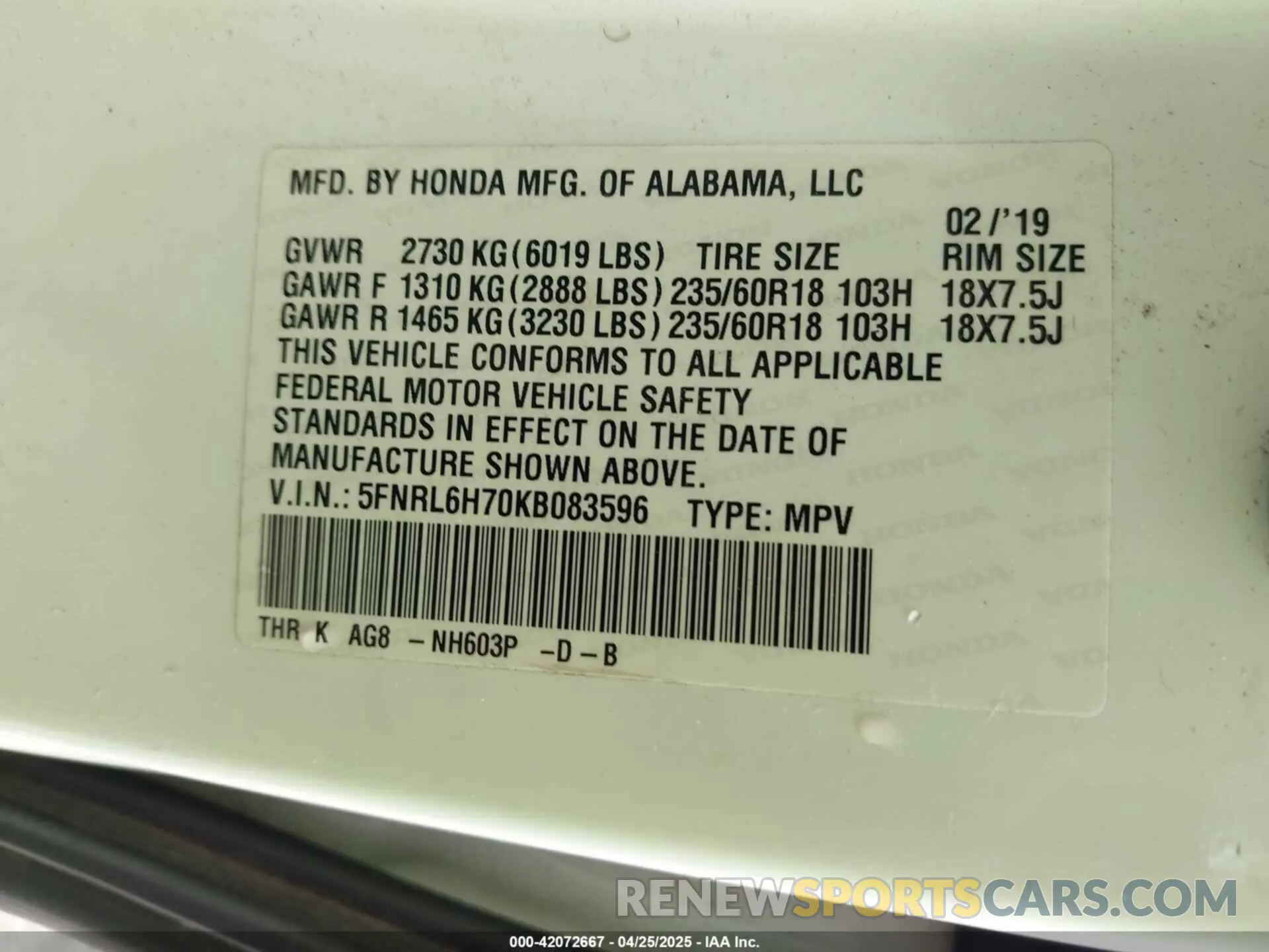 9 fotografías del automóvil dañado 5FNRL6H70KB083596 HONDA ODYSSEY 2019